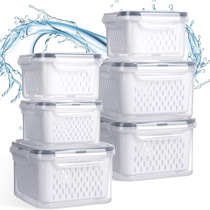 Potchen 6 Pcs Fruit Storage Containers for Fridge, Food Storage Containers Berry Produce Fridge Organizer with Removable Colander Keep Fruits, Vegetable, Veggie, Meat Fresh Longer(Medium, Small)