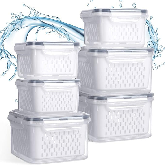 Potchen 6 Pcs Fruit Storage Containers for Fridge, Food Storage Containers Berry Produce Fridge Organizer with Removable Colander Keep Fruits, Vegetable, Veggie, Meat Fresh Longer(Medium, Small)