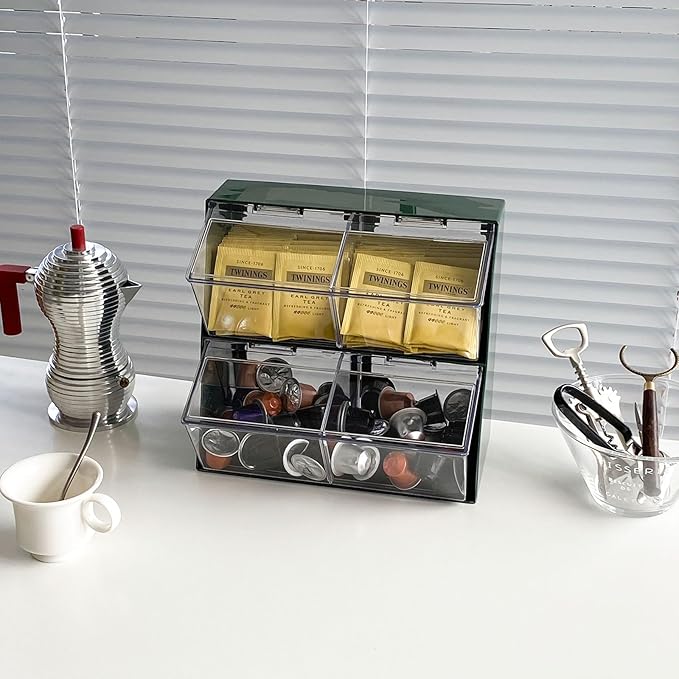 Large Green Coffee Pod Holder with Lid, Plastic Coffee Bar Accessories Storage Organizer for Creamer, K Cups, Tea Bags, Sugar Bag, Drinking Straw, Home Kitchen Supplies(Green)