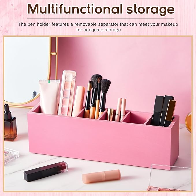 Jetec Wooden Pencil Pen Holder for Desk 6 Compartments Wood Office Desk Organizers for Countertop Adjustable Makeup Brush Organizer Silverware Caddy for Party, Home, Art Supplies(Pink)