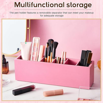 Jetec Wooden Pencil Pen Holder for Desk 6 Compartments Wood Office Desk Organizers for Countertop Adjustable Makeup Brush Organizer Silverware Caddy for Party, Home, Art Supplies(Pink)
