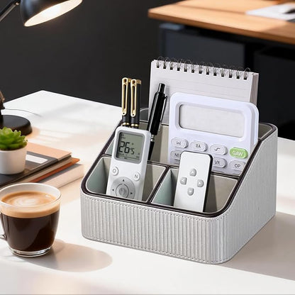 ACUDUDOMA PU Leather Remote Control Organizer Holder, 4-Compartment Small Desk Organizer, All-in-One Desk & Nightstand Caddy for Remotes, Phones, Glasses & Office Accessories