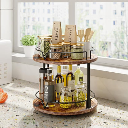 KLM 12" Wood Lazy Susan, Rotating Spice Rack, 2 Tier Spice Turntable Organizer, Industrial Turntable Spice Holder, for Kitchen Countertop and Cabinet, Compact and Versatile, Rustic Brown