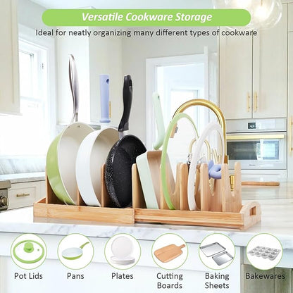 Kirosy Pots and Pans Organizer under Cabinet, Pot Lid Organizer Bamboo Expandable with 10 Adjustable Dividers, Pan Holder Kitchen Storage Rack for Cutting Board, Baking Tray and Cookie Sheet