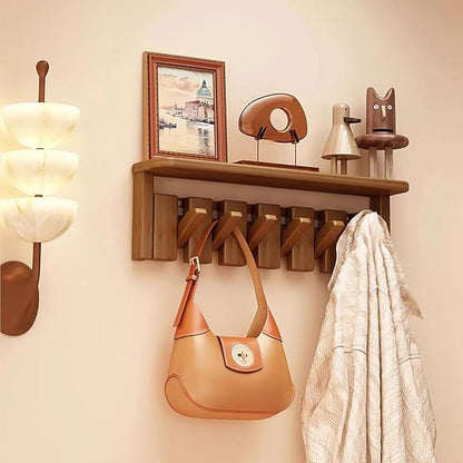 Wall Mounted Coat RackHooks Piano Key Hangers Natural Solid Wood Hanger Non-Woven Fabric Clothes Hangers for Closet, Kitchen, Bedroom, Bathroom, Entryway (Tray-Walnut, 6 Hooks)