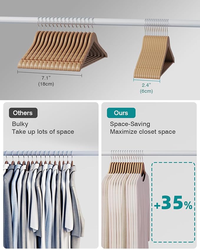 ABHENG 30 Pack Wooden Coat Hangers, 360° Swivel Hook, Suit Hangers with Anti-Slip Notches, Clothes Hangers for Jackets, Shirts, Dress, Natural UAWY0530N