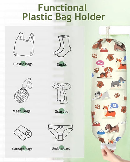 Plastic Bag Holder, Grocery Bag Organizer - 1 Pack Cute Kitchen Dispenser Holders Reusable Shopping Western Hanging Wall with Adjustment Drawstring Closure for Women Home, Dogs