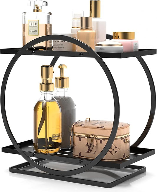 World-in-one 2 Tier Perfume Organizer for Dresser, Black Gold Perfume Makeup Perfume Stand Organizer for Vanity, Cosmetics Ideal Gift for Perfume Lovers-Black
