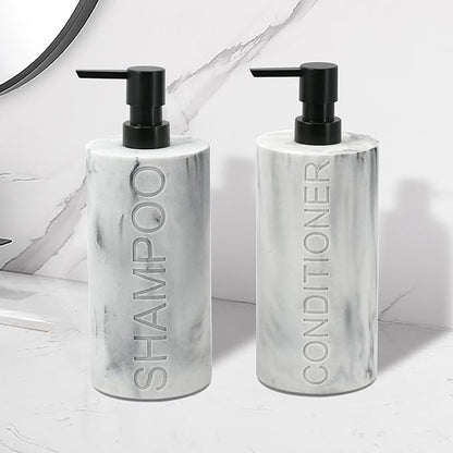 Indecor Home Marble Resin 2 Piece Shampoo and Conditioner Dispenser Set, Luxurious Refillable Pump Bottles with Matte Pump Top and Embossed Text, Durable Design for Bathroom and Shower