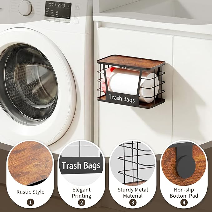 Three colors Trash Bag Holder, Stackable Trash Bag Dispenser with Rustic Wood, Garbage Bag Dispenser Under Sink Organizer for Kitchen Laundry, Adhesive Wall Mount or Countertop,1 Pack