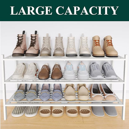 Smiry Long Bamboo Shoe Rack 3-Tier, Stackable Wooden Shoe Organizer for Entryway & Closet, Free Standing Wood Shoe Storage Shelf for Front Door & Small Spaces, White