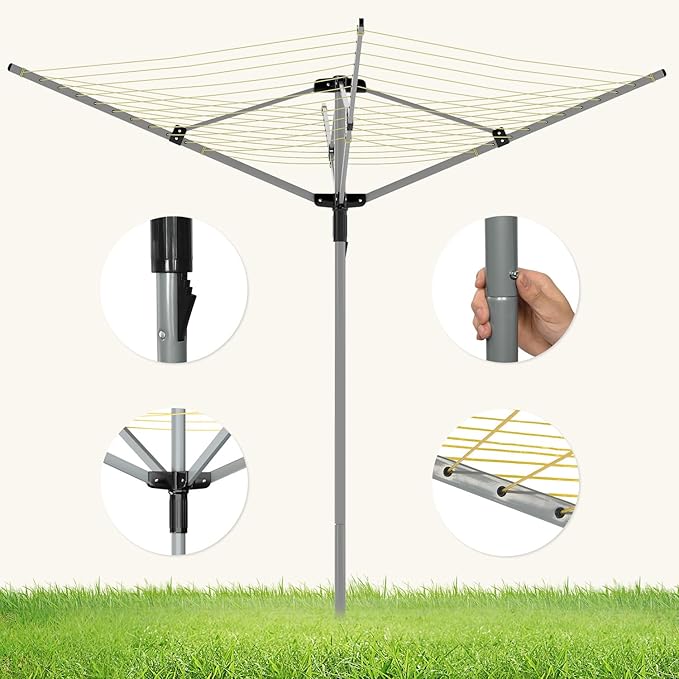 tonchean 165 Feet Outdoor Umbrella Drying Rack, 4-arm Rotary Umbrella Clothesline for Laundry Adjustable Height Rotary Dryer Collapsible Clothes Drying Rack with 12-Lines