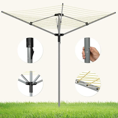 tonchean 165 Feet Outdoor Umbrella Drying Rack, 4-arm Rotary Umbrella Clothesline for Laundry Adjustable Height Rotary Dryer Collapsible Clothes Drying Rack with 12-Lines
