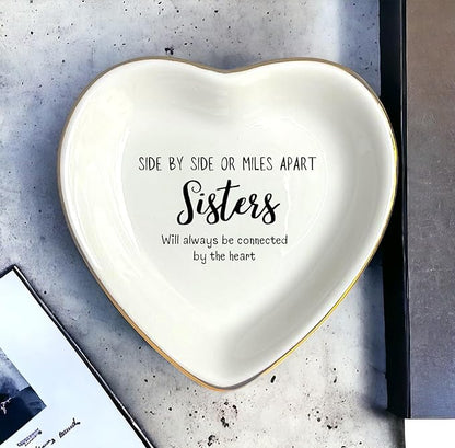 HatafaFurni Ring Dish Gift for Sister From Sister - Side By Side Or Miles Apart Sisters Will Always Be Connected By The Heart - Wedding Gift, Christmas Gift for Sister - Jewelry Dish,Ceramic Ring Dish