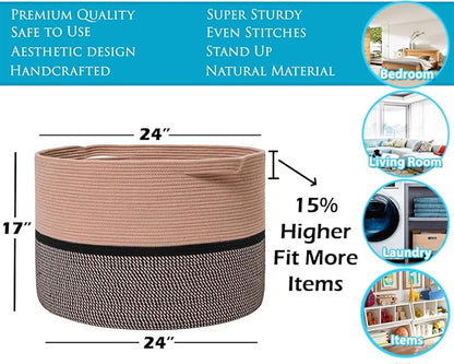 24" x 24" x 17" Max Size Large Cotton Rope Basket, Extra Large Storage Basket, Woven Laundry Hamper, Cloth Storage Bin, for Blankets Clothes Towels Pillows in Living Room, Beige Red/Black Mix