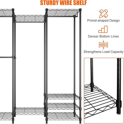 Portable Clothes Rack Max Load 900LBS | Heavy Duty Closet Wardrobe | 68.1" W x 14.6" D x 76.3" H | Freestanding Clothing Rack with 4 Hang Rods & 8 Shelves | Black