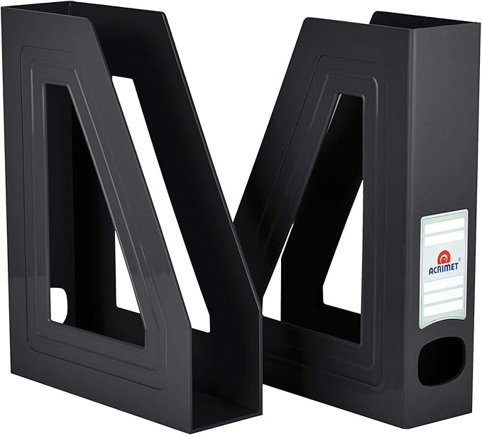 Acrimet Magazine File Holder – Vertical Rack for Documents, Folders and Mail, Durable Plastic Desk Organizer for Office & Home, Black (2 Pack)