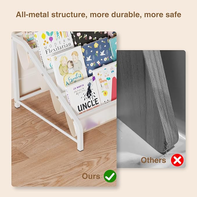 4-Tier Toddler Bookshelf & Organizer - Sturdy Metal Book Rack for Kids Room - Montessori Front-Facing Display Stand, High-Capacity Transparent Storage for Nursery & Playroom, 32 Inch