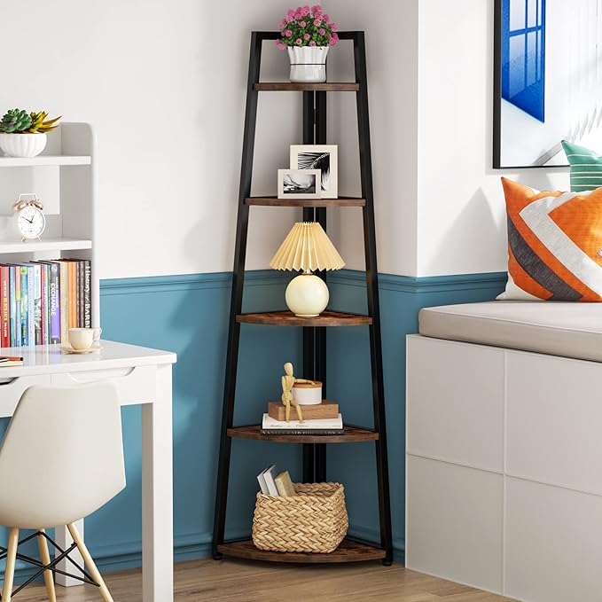 Tribesigns 5 Tier Corner Bookshelf and Bookcase, 70 inch Tall Corner Shelves Standing Shelving Unit Indoor Plant Stand for Living Room, Kitchen, Home Office (Brown)