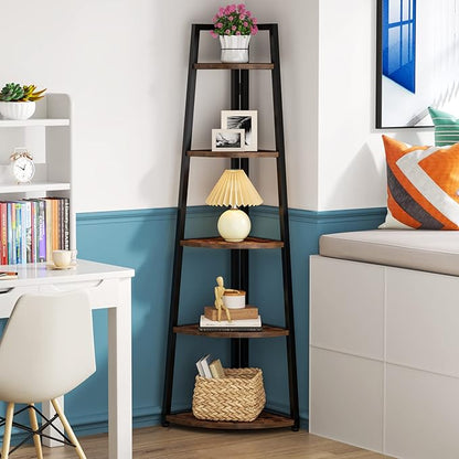 Tribesigns 5 Tier Corner Bookshelf and Bookcase, 70 inch Tall Corner Shelves Standing Shelving Unit Indoor Plant Stand for Living Room, Kitchen, Home Office (Brown)
