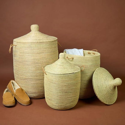 Laundry Basket - Set of 3, Natural Beige | Blanket Basket - Living Room, Clothes Hamper - Bed Room, Toys Bin - Nursery | Round, Sturdy, Aesthetic, Hood Lid, Handles, Wicker, Hand Woven, Senegal