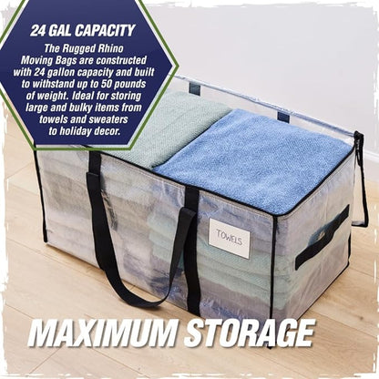 RUGGED RHINO Heavy Duty Extra Large Moving Bags, Durable Bag with Strong Handles and Zipper, Moving Boxes Alternative for College Packing, Holiday Décor, Space Saving Storage with Label, 2 Pack Clear