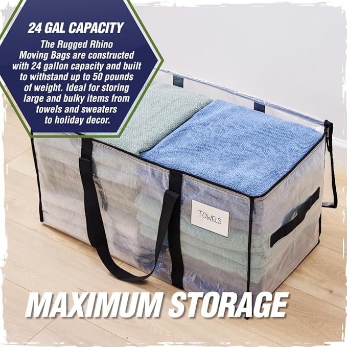 RUGGED RHINO 8 Pack Heavy Duty Extra Large Moving Bags, Durable Bag with Strong Handles and Zipper, Moving Boxes Alternative for College Packing, Holiday Décor, Space Saving Storage with Label, Clear