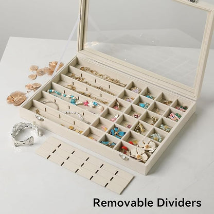Frebeauty 48 Grid Jewelry Tray,Adjustable Earring Holder Organizer with Glass Lid,Velvet Drawer Jewelry Organizer for Rings,Studs,13.8 x 9.5 x 2 Inches Jewelry Display Box,Gift for Women(Beige)