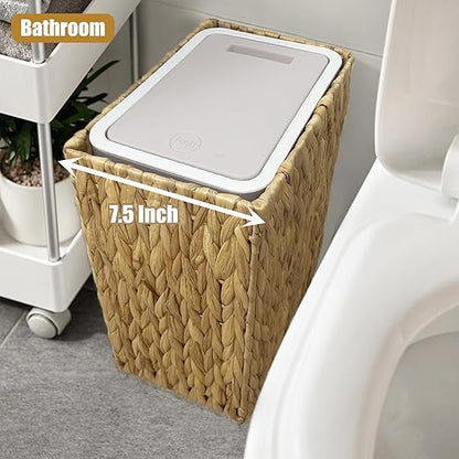 Yatmung Wicker Trash Can with Lid - Bathroom Trash Can with Lid - 3.5 Gallon Rattan Trash Bin - Woven Trash Cans - Waste Basket for Bedroom, Living Room, Office - Press Top - Boho Bathroom Garbage Can