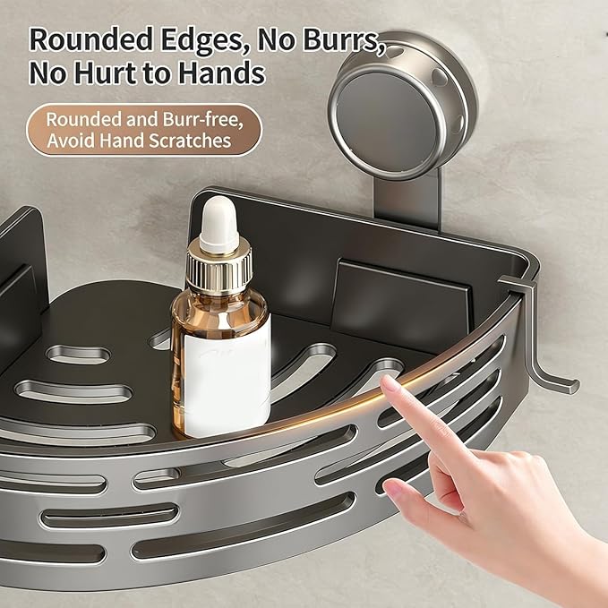 Triangle Suction Cup Shower Caddy, Corner Shower Shelves No Drilling, Aluminum Upgrade Suction Cup Shower Organizer with Towel Bar & Hooks, Heavy-Duty Strong Hold (Gray, 1pc)