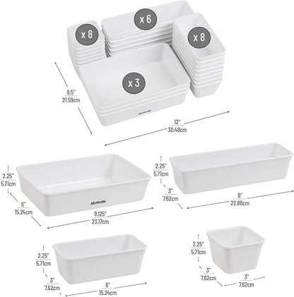 Mind Reader 25-Piece Drawer Organizer Set, Storage Trays for Kitchen, Bathroom, Office, Makeup, Jewelry & More, Junk Drawer Tray, Utensil Holder, Plastic, White