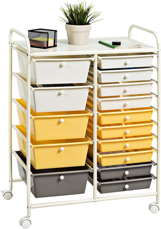 KOTEK 15-Drawer Rolling Storage Cart, Multipurpose Mobile Utility Cart with 4 Wheels, Home Office School Tools Scrapbook Paper Organizer (Yellow)