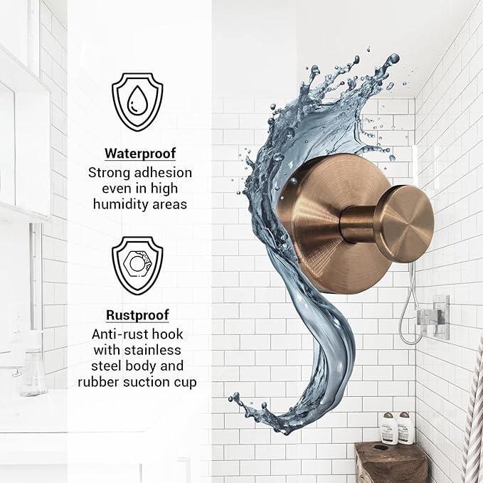 Welsa Suction Cup Hooks for Shower - 4 Pack, Bronze - Stainless Steel, Strong Suction, No Drill, Removable Hanger, Tile Bathroom Kitchen Wall, Glass Door, Mirror Hook Hanging Robe, Towel Holder
