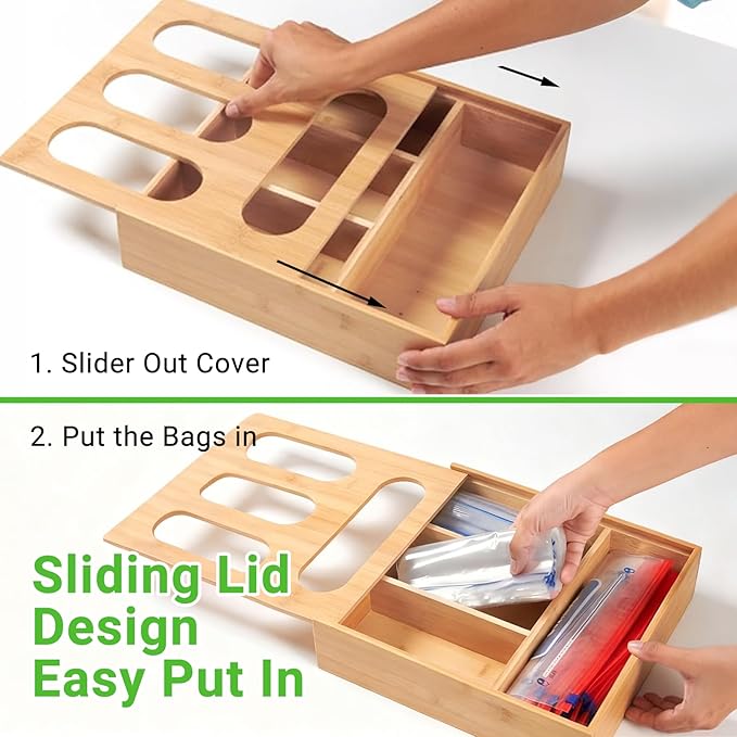 Ziplock Bag Organizer, Bamboo Storage Bag Holder Baggie Organizer for Drawer and Wall Mount, 4 Compartments for Gallon, Quart, Sandwich, Snack Size Bag (1)