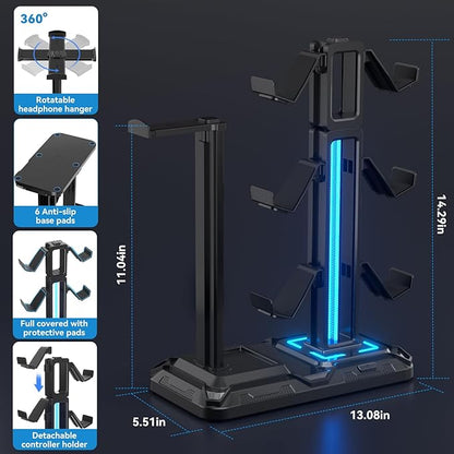 KDD RGB Multi-Controller Holder with 9 Light Modes - Rotatable Universal Headphone Hanger - Controller Stand with 6 Detachable Hooks for Desktop Gamer Accessories