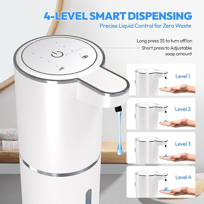 MTYGK Automatic Soap Dispenser Touchless,Liquid Hand Soap Dispenser 12.8oz USB 4levels Adjustable Dispenser Electric Wall Mounted Smart for Bathroom and Kitchen Dish Soap，Easy for Toddlers(White)