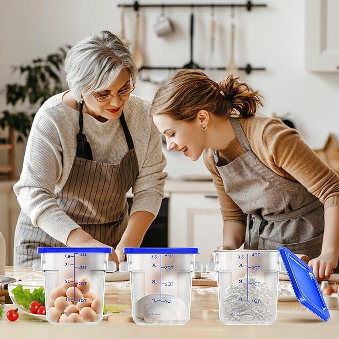 FeyBuosk 4 pcs 4qt Food Storage Containers with Lid, Square Clear Commercial Food Storage Containers with Handle and Scale for Food Storage in Home Kitchen & Dining (Blue)