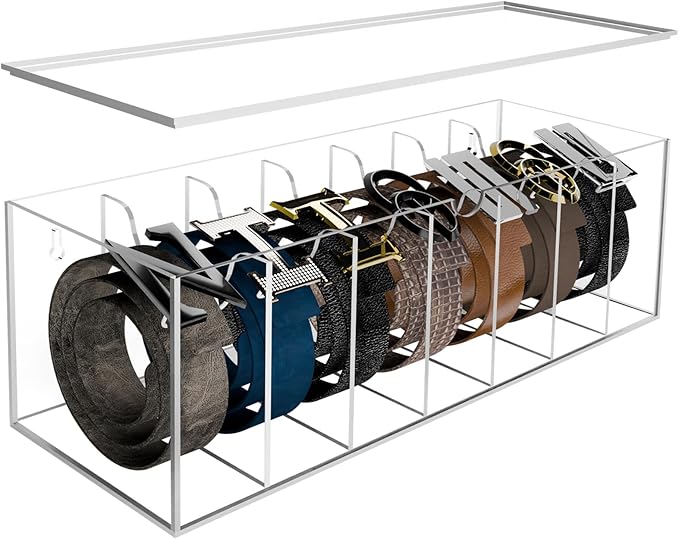 SIKWO Acrylic Belt Organizer with Separated Cover, 7 Compartment Clear Storage Case for Belts, Ties & Bow Ties | Closet & Drawer Display Holder for Men & Women Dust-proof Rack