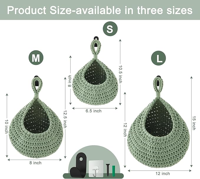 Honeydak Boho Decor Hanging Wall Baskets for Kitchen 3 Pack Teardrop Baskets with Hooks Storage Fruit Onion Vegetable Potato for Home 3 Sizes(Light Green,Cotton Rope)