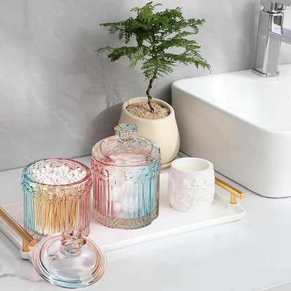 rejomiik 2 Pack Qtip Holder Glass Apothecary Jars with Lids Bathroom Accessories Vanity Organizers and Makeup Storage Canister for Cotton Swabs, Balls, Pads, Floss Picks, Candy, Rainbow