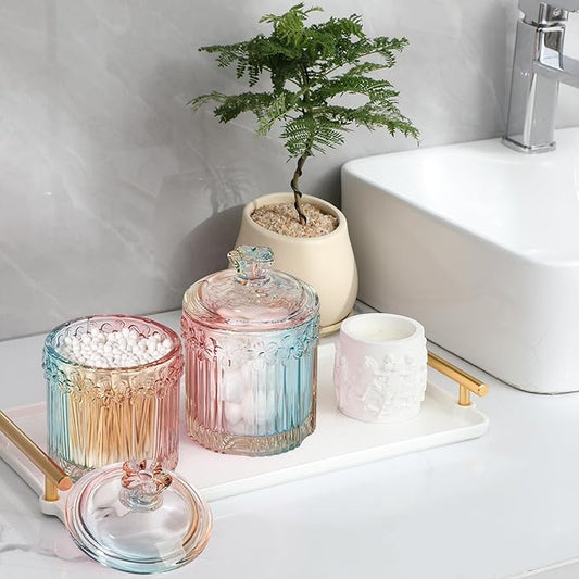 rejomiik 2 Pack Qtip Holder Glass Apothecary Jars with Lids Bathroom Accessories Vanity Organizers and Makeup Storage Canister for Cotton Swabs, Balls, Pads, Floss Picks, Candy, Rainbow