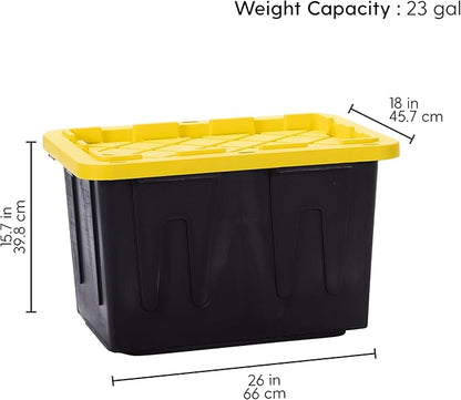 Plastic 23-Gallon Storage Tote with Lockable Lid, Stackable Tough Regular-Duty Bin for Garage, Tools, and Home Organization (2-Pack) - Black and Yellow