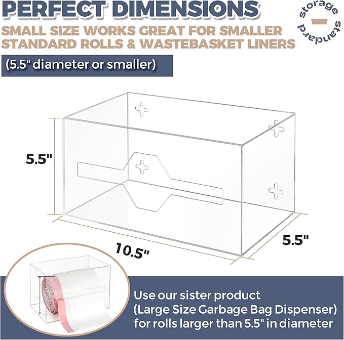 Storage Standard Trash Bag Holder Dispenser - Open Side Acrylic Bags Dispensing Roll Holder, Garbage Liner Holder for Cabinet, Garbage & Under Sink - Organizer for Home or Shops - 10.5" x 5.5" x 5.5"