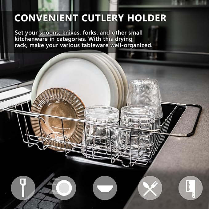 YENXIKU Over The Sink Dish Drainer Drying Rack - Expandable Stainless Steel in Sink Dish Drying Rack, High-Capacity, Rustproof, Easy Install, with Utensil Holder - Dish Racks for Kitchen Counter
