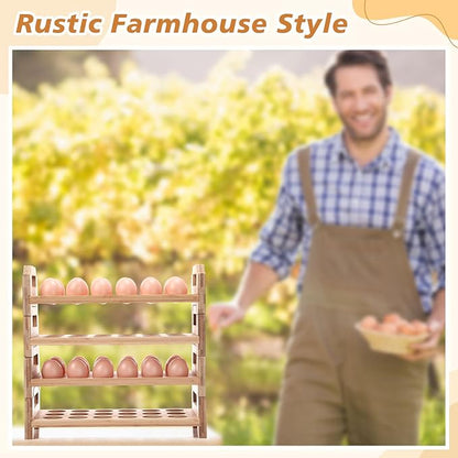 4 Tier Wooden Egg Holder for Countertop, Bamboo Stackable Fresh Eggs Storage Farmhouse Collecting Rack for Gathering Kitchen Organizer or Easter Egg Display, Stackable with 72 Eggs(Wood)
