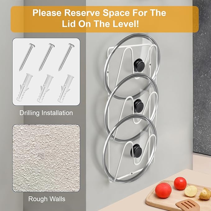 MZTOOL 2 Pack Pot-Lid-Organizer, 6-Tier Pots and Pans Lid-Organizer for Cabinet Door/Wall, No Drilling Adhesive Wall/Door Mounted Rustproof Pot-Lid-Holder for Kitchen Organization - White