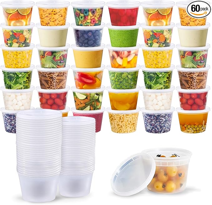Slomg 60 Pack 16oz Plastic Deli Containers with Lids, Disposable Food Storage Containers for Soup Meal Prep Leftover, To Go Takeout Quart Bowls for Restaurant Kitchen Microwave Dishwasher Freezer Safe