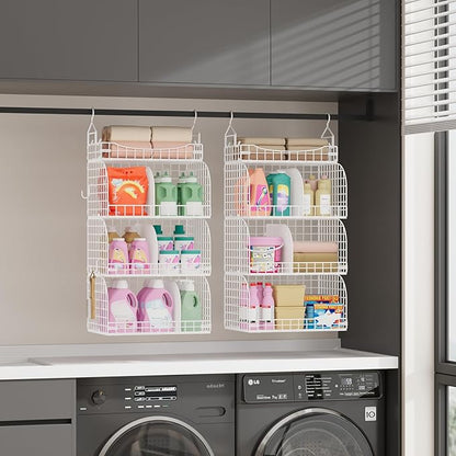 SWTYMIKI Hanging Closet Organizer Storage - 4 Tier Metal Stackable Hanging Closet Shelves with Dividers and S Hooks, Foldable Clothes Shelves for Clothes, Pants, Shoes, Coat, Hats Clutches Accessories