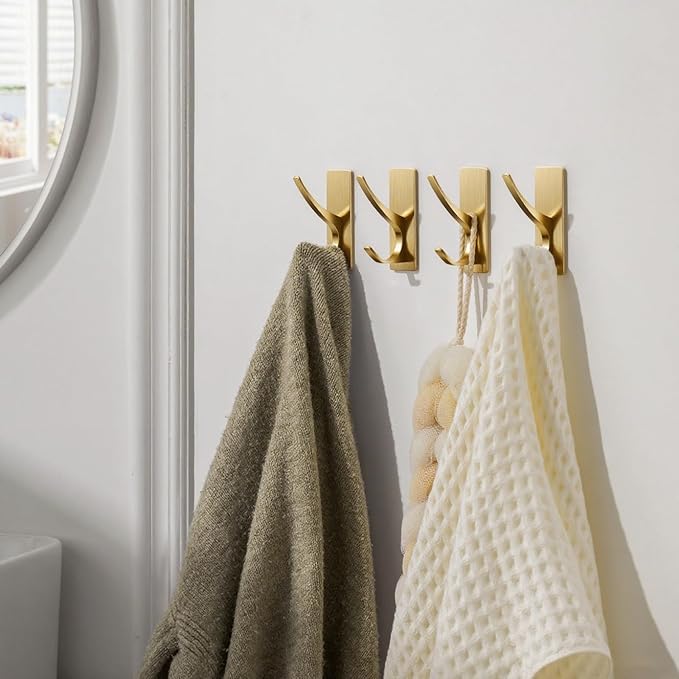 Josmimic Gold Self Adhesive Towel Hooks, Extra Sticky and Strong 10LB, Stainless Hook for Bathroom, 4 Pack