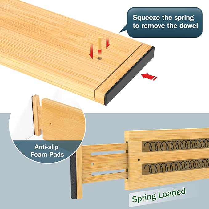 Lzerking Kitchen Drawer Dividers 6 Pack, 4.65" High Adjustable Bamboo Drawer Organizers for Clothes (12-17.5"), Spring Loaded, Expandable Utensil Organizer for Kitchen Storage, Dresser, Bedroom